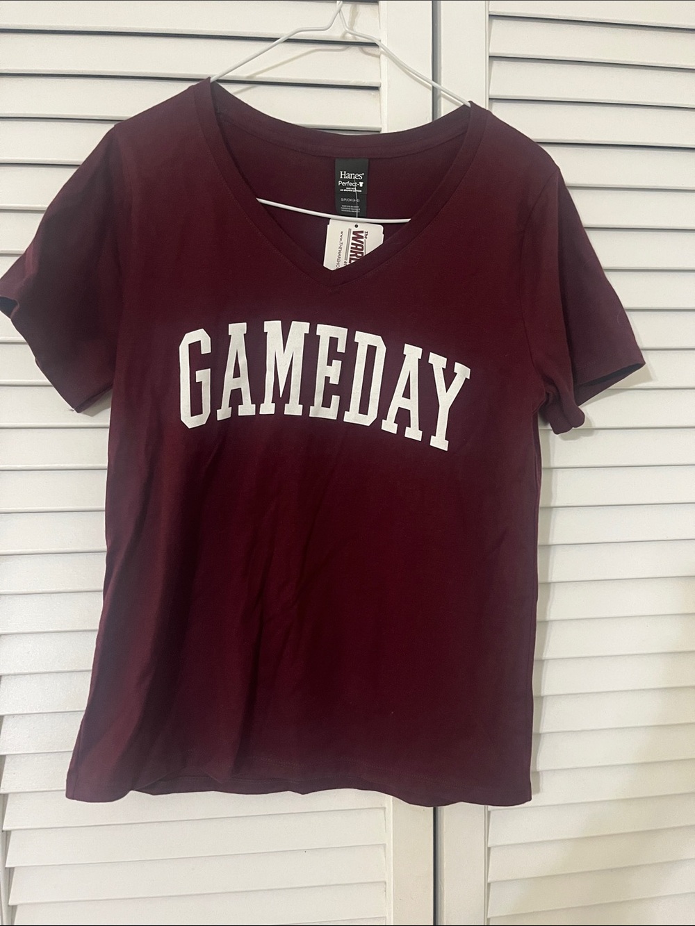 Hanes Women's Gameday V-Neck Tee - Maroon with White Lettering